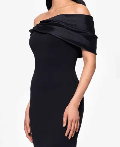 Betsy & Adam Petite "michelle" Scuba Crepe Off The Shouler Taffeta Trim Floor Length Dress In Black