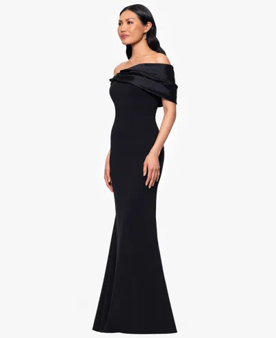 Betsy & Adam Petite "michelle" Scuba Crepe Off The Shouler Taffeta Trim Floor Length Dress In Black