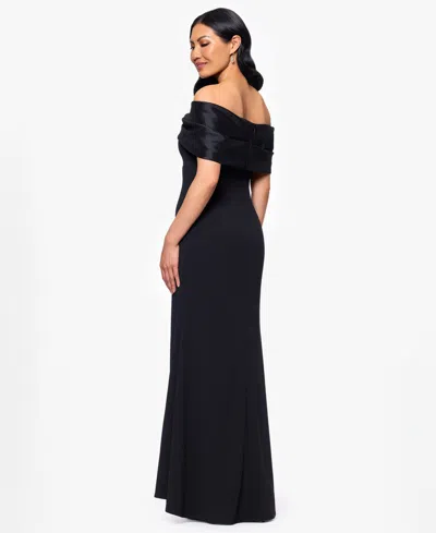 Betsy & Adam Petite "michelle" Scuba Crepe Off The Shouler Taffeta Trim Floor Length Dress In Black