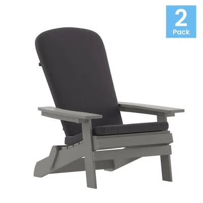 Flash Furniture Set Of 2folding Adirondack Chairs In Gray With Gray Cushions, Porch, And Patio In Gray