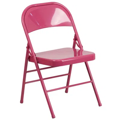 Flash Furniture Hercules Colorburst Series Shockingly Fuchsia Triple Braced & Double Hinged Metal Folding Chair In Red