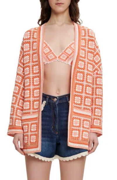Maje Mathiou Patch-style Crochet Cardi-coat In Orange