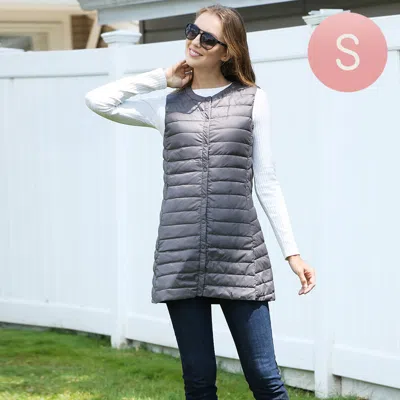 Truedames Solid Light Long Puffer Front Pockets Button Vest In Gray