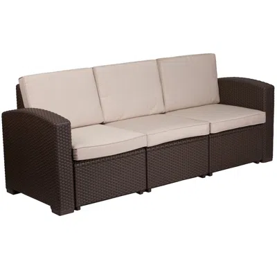 Flash Furniture Chocolate Brown Faux Rattan Sofa With All-weather Beige Cushions In Neutral