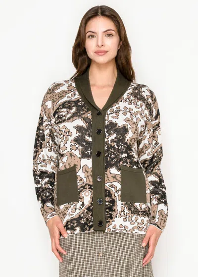 Yal New York Printed Olive Knit Cardigan With Pockets In Green