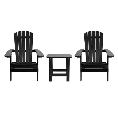 Flash Furniture 2 Pack All-weather Poly Resin Folding Adirondack Chairs With Side Table In Black In Black