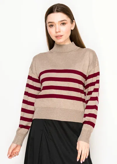 Yal New York Oatmeal Knit Sweater With Burgundy Stripes In Brown