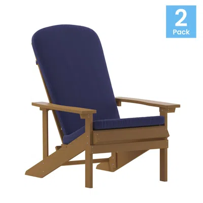 Flash Furniture Set Of 2 Adirondack Chairs In Teak With Blue Cushions For Deck, Porch, And Patio In Multi