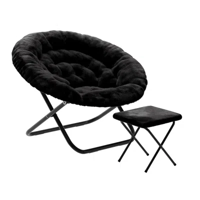 Flash Furniture Oversized Folding Saucer Chair With Ottoman, Black Fabric/black Frame In Black