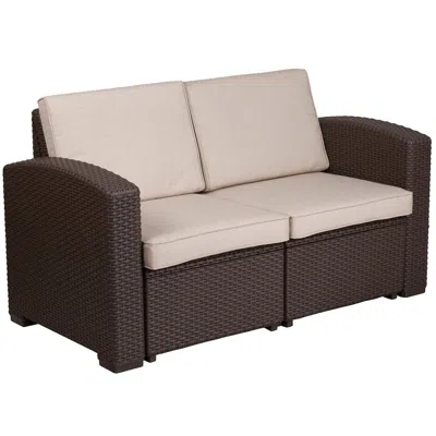 Flash Furniture Chocolate Brown Faux Rattan Loveseat With All-weather Beige Cushions