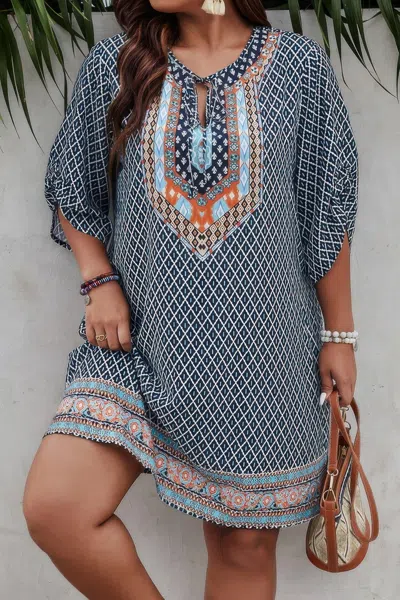 Truedames Plus Size V Neck Printed Loose Fit Midi Dress In Blue