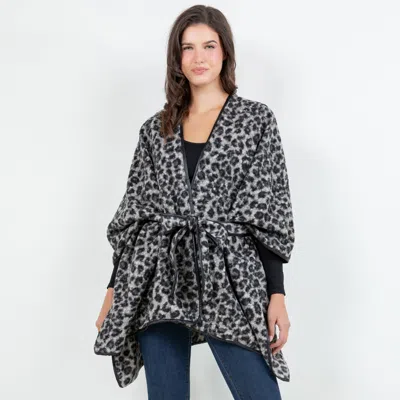 Truedames Open Front Leopard Pattern Wrap Poncho With Belt In Gray