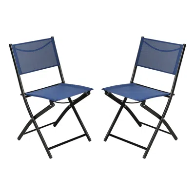 Flash Furniture Set Of 2 Folding Chairs With Navy Material Backs And Seats,black Metal Frames In Blue