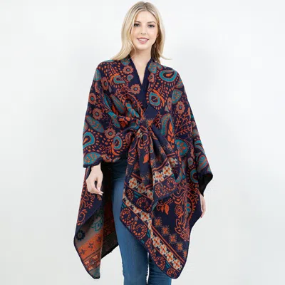 Truedames Open Front Boho Floral Paisley Pattern Shawl Wrap Poncho With Loop In Multi