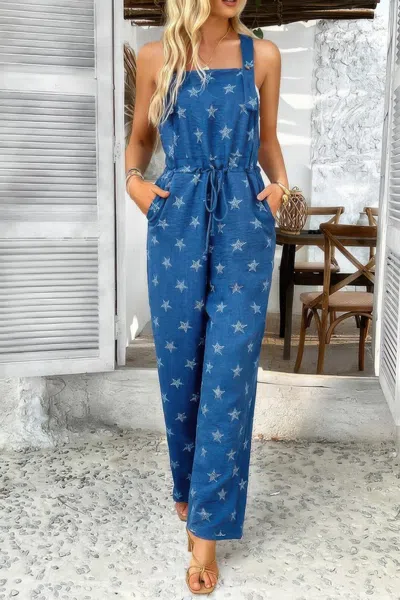 Truedames Star Print Button Tie Pockets Drawstring Jumpsuit In Blue