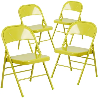 Flash Furniture 4 Pk. Twisted Citron Triple Braced & Double Hinged Metal Folding Chair In Green