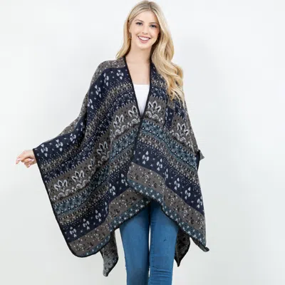 Truedames Open Front Bohemian Pattern Shawl Wrap With Loop In Blue