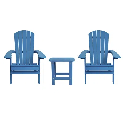 Flash Furniture 2 Pack All-weather Poly Resin Folding Adirondack Chairs With Side Table In Blue In Blue