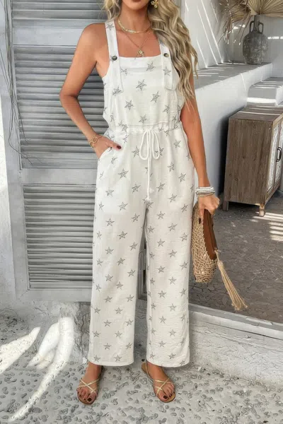 Truedames Star Print Button Tie Pockets Drawstring Jumpsuit In White