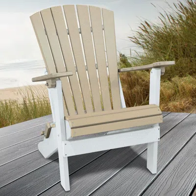 American Furniture Classics Os Home And Office Model 519wwwt Fan Back Folding Adirondack Chair In Weatherwood With A White Base, In Neutral