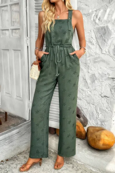 Truedames Star Print Button Tie Pockets Drawstring Jumpsuit In Green