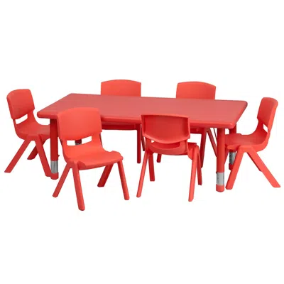 Flash Furniture 24''w X 48''l Red Plastic Height Adjustable Activity Table Set With 6 Chairs In Red