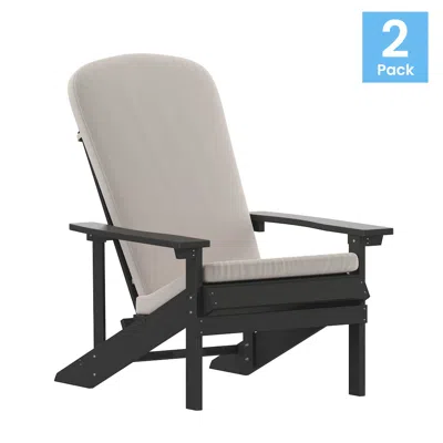 Flash Furniture Set Of 2 Adirondack Chairs In Slate Gray With Cream Cushions, Porch, And Patio In Black