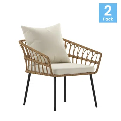 Flash Furniture Set Of 2 Boho Rope Rattan Wicker Patio Chairs With Cream Cushions, Natural In Neutral