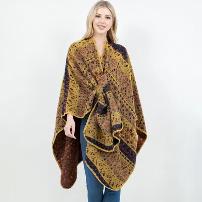 Truedames Open Front Bohemian Pattern Shawl Wrap With Loop In Yellow