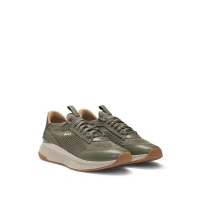 Hugo Boss Mixed-material Trainers With Fishbone Sole And Signature Accents In Green
