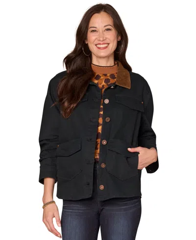 Democracy Petite Button Front Ruched Jacket In Black