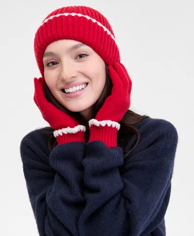 On 34th Ribbed Beanie & Gloves Boxed Set, Macy's Exclusive In Red