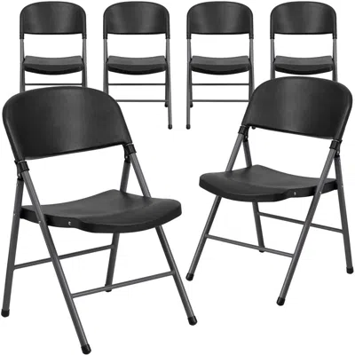 Flash Furniture 6 Pk. 330 Lb. Capacity Black Plastic Folding Chair With Charcoal Frame In Black
