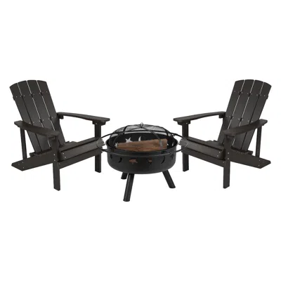Flash Furniture 3 Piece Slate Gray Poly Resin Wood Adirondack Chair Set With Fire Pit In Gray