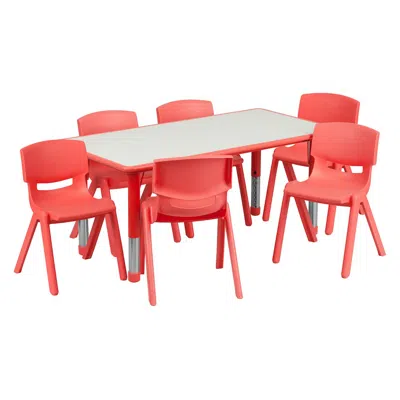 Flash Furniture 23.625''w X 47.25''l Red Plastic Height Activity Table Set With 6 Chairs In Red
