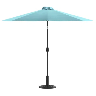 Flash Furniture Teal 9 Ft Round Umbrella With Crank And Tilt Function And Standing Umbrella Base In Blue