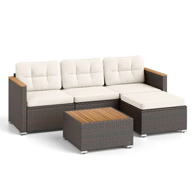 Hivvago 5-piece Wicker Conversation Set Rattan Set With Cushions And Coffee Table In White