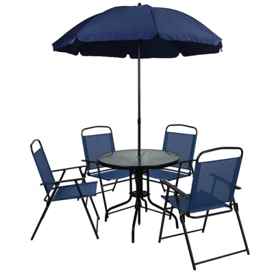 Flash Furniture 6 Piece Navy Patio Garden Set With Umbrella Table And Set Of 4 Folding Chairs In Blue