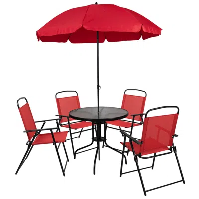 Flash Furniture 6 Piece Red Patio Garden Set With Umbrella Table And Set Of 4 Folding Chairs In Red