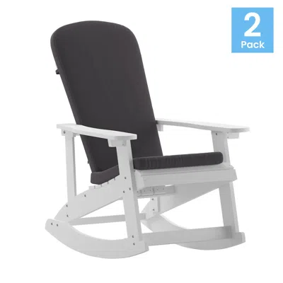 Flash Furniture Set Of 2 Adirondack Rocking Chairs In White With Gray Cushions, Porch, And Patio In Black