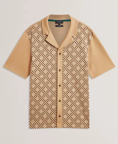 Ted Baker Danlibe Short Sleeve Argyle Button Through Jersey Shirt In Brown