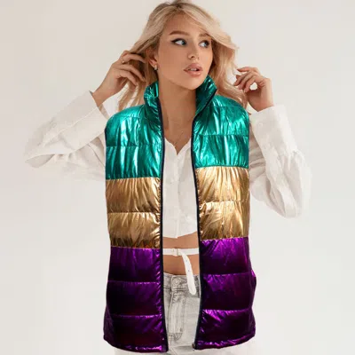 Truedames Mardi Gras Color Block Puffer Vest In Multi