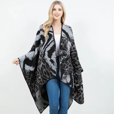 Truedames Open Front Abstract Animal Pattern Print Shawl Wrap Poncho With Loop In Gray