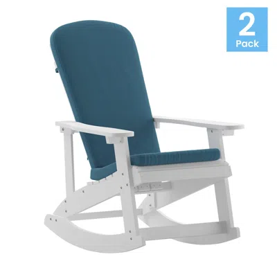 Flash Furniture Set Of 2 Adirondack Rocking Chairs In White With Teal Cushions, Porch, And Patio In Blue