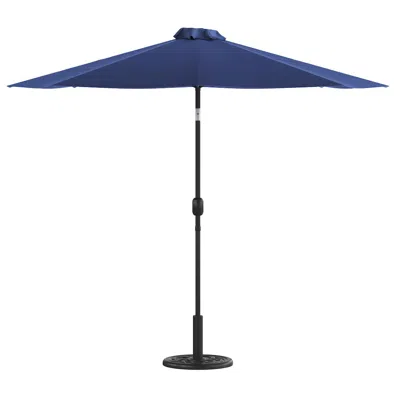 Flash Furniture Navy 9 Ft Round Umbrella With Crank And Tilt Function And Standing Umbrella Base In Blue