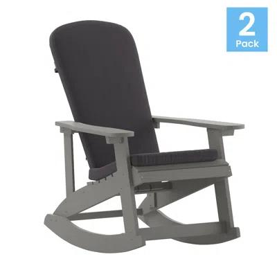 Flash Furniture Set Of 2 Adirondack Rocking Chairs In Gray With Gray Cushions, Porch, And Patio In Black