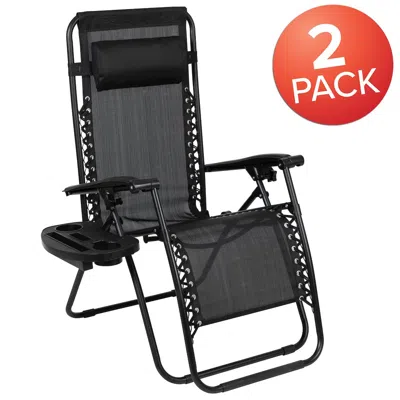 Flash Furniture Adjustable Folding Mesh Zero Gravity Reclining Lounge Chair With Pillow And Cup Holder Tray In Black In Black