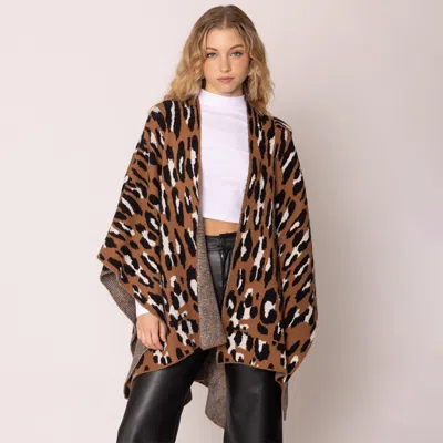 Truedames Open Front Leopard Knit Wrap Ruana In Brown