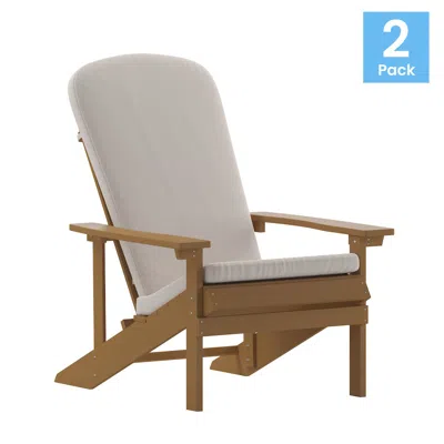 Flash Furniture Set Of 2 Adirondack Chairs In Teak With Cream Cushions, Porch, And Patio In Neutral
