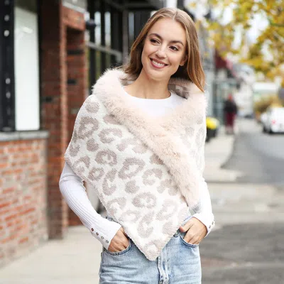 Truedames Faux Fur Trim Leopard Pattern Shawl Wrap In Neutral